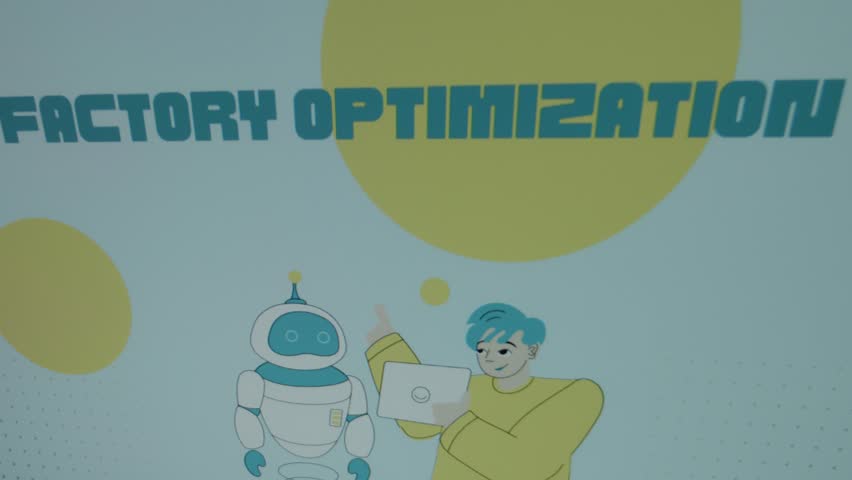 Factory Optimization inscription on blue background with big yellow dots. Graphic presentation with animated young scientist speaking to a robot. Manufacturing concept
