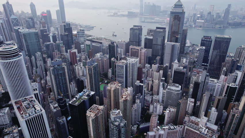 Aerial panorama of Hong Kong in fog