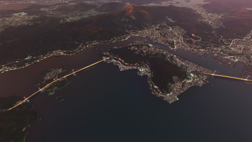 3D - Top aerial view at night of Stonecutters Bridge in Hong Kong. China