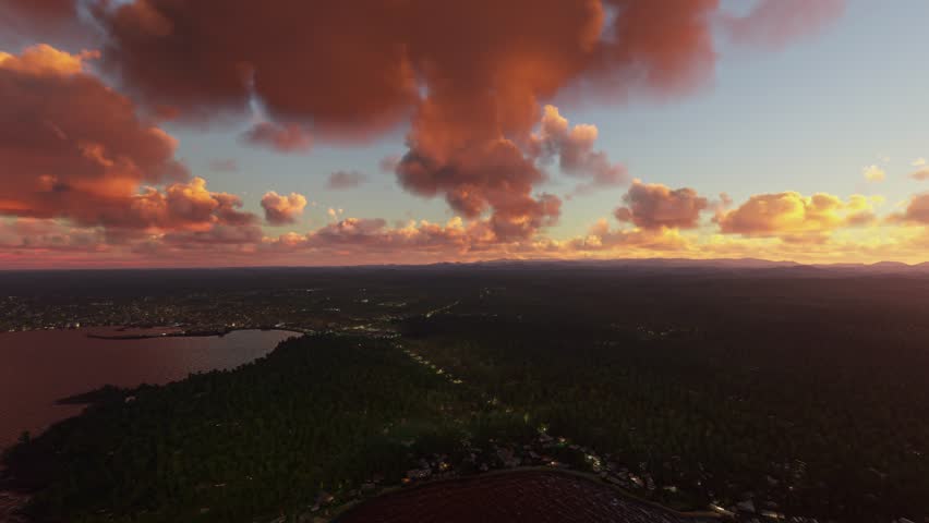 3D - Sunset aerial view of the coast of Unawatuna Beach. Sri Lanka