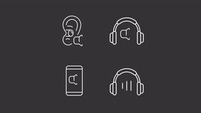 Sound control animation library. Audio devices animated white line icons. Volume regulation, soundproofing. Isolated illustrations on dark background. Transition alpha. HD video. Icon pack