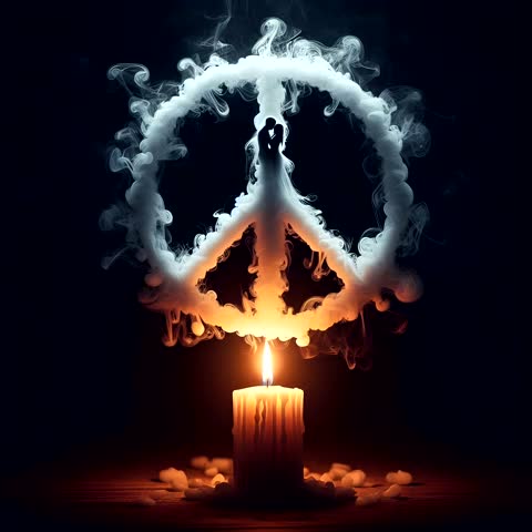 footage 3D realistic illustration of a candle producing fogging smoke forming a logo symbol of peace in the world