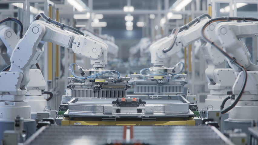 Front view of Automated Manufacturing Line with White Robotic Arms at Bright Factory. Lithium-Ion EV Battery Pack for Automotive Industry Assembly Process. Electric Car Production Line with Robot Arms