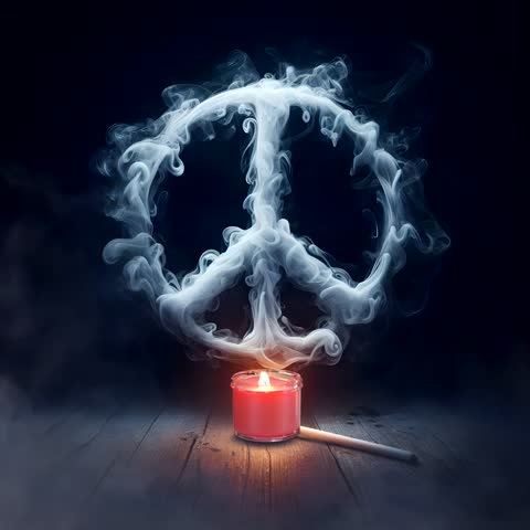 footage 3D realistic illustration of a candle producing fogging smoke forming a logo symbol of peace in the world