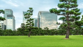 Time-lapse of traffic passing behind Hibiya park in Chiyoda, Japan near the imperial palace