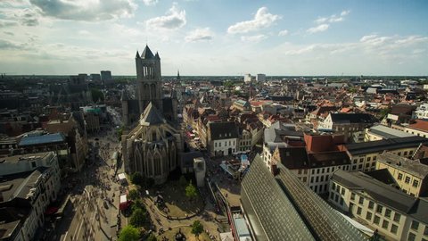 Timelapse of the city centre of Ghent, showing people walking around Saint Nicholas' Church, done from the Belfry.