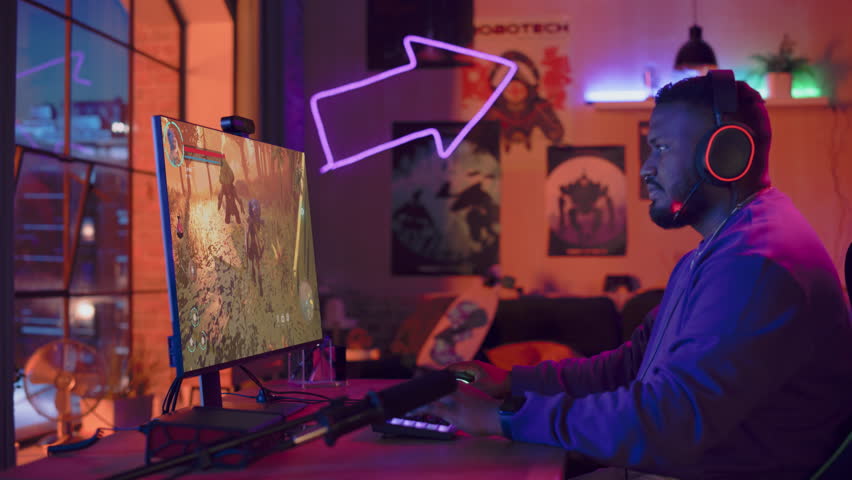 Professional Gamer Playing in Fantasy Video Game Landscape, Engaged In Competitive Gameplay In A Neon-Lit Room, Equipped With High-End Gaming Gear And Vibrant Lighting. Mockup Real Gameplay