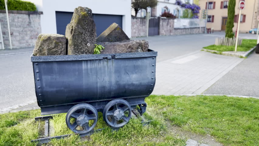 Historic Pink Sandstone Quarry Cart Display in Buhl Village, Alsace, France