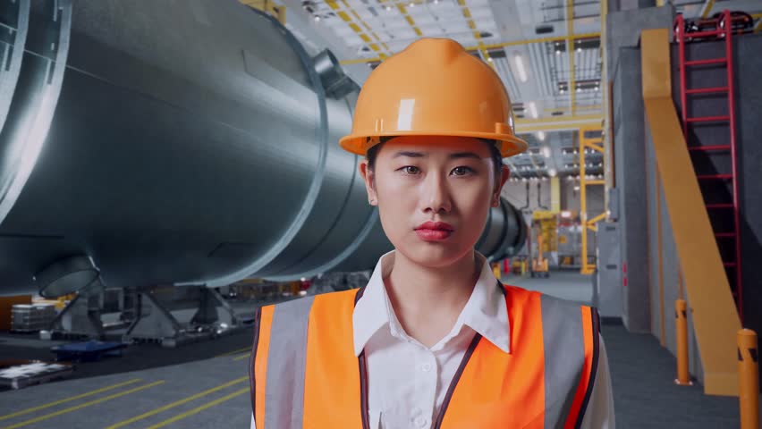 Close Up Of Asian Female Engineer With Safety Helmet Smiling And Pointing To Side While Standing In Pipe Manufacturing Factory