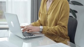 Young professional woman is working with laptop in modern office. Yellow blouse is passing to adult businesswoman. Flying to success concept
