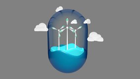 Isolated 3D rendering of Offshore wind power on a small floating ocean, a green energy concept. Infinite looped animation video with alpha channel - Powered by Shutterstock - Get 15% off with code: PIKWIZARD15