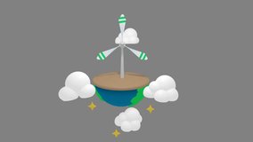 Isolated Wind Turbine on Earth with Clouds 3d icons, infinite looped animation on transparent background with alpha channel video