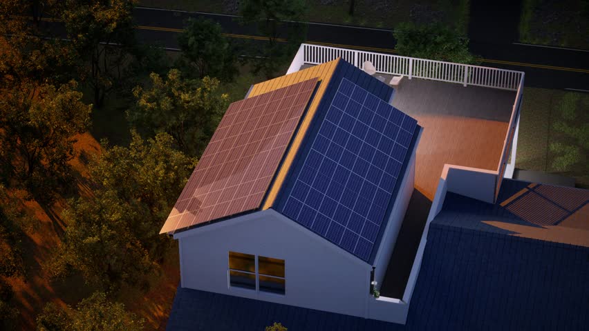 Rooftop Solar Panels On Home In Neighborhood. Sun Reflects Light. Green Renewable Energy Theme. Aerial Royalty-Free Stock Footage #3479266867