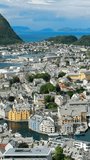 Alesund, Norway. Aerial View Of Alesund Skyline Cityscape. Historical Center In Island. Vertical Footage Video. Famous Norwegian Landmark And Popular Destination. Top View.