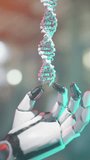 Robot hand holding DNA sequence double helix, concept of future technology, AI bio medicine, science in medical field, vertical video