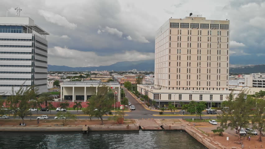 Aerial view over Downtown Kingston Jamaica