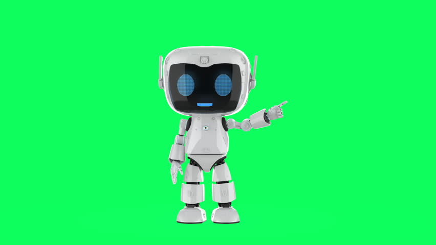 3d rendering cute and small artificial intelligence personal assistant robot finger point on green screen 4k footage