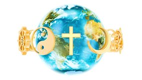 Religions symbols with rotating Earth Globe, 3D rendering isolated on white background. Elements furnished by NASA.