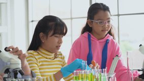 group of excited asian school kid doing chemical experiment in laboratory together. pupil students science testing chemistry class in the lab together - Powered by Shutterstock - Get 15% off with code: PIKWIZARD15
