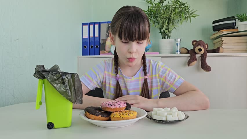 Teen girl pushing out avoid saying no to your favorite donuts and sugar for good health and weight control diet and healthy. Child refuses sweets Royalty-Free Stock Footage #3479695575