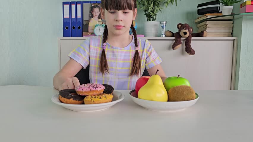 Teen girl pushing out avoid saying no to favorite donuts and sugar for good health and weight control diet and healthy. Child refuses sweets Royalty-Free Stock Footage #3479695639