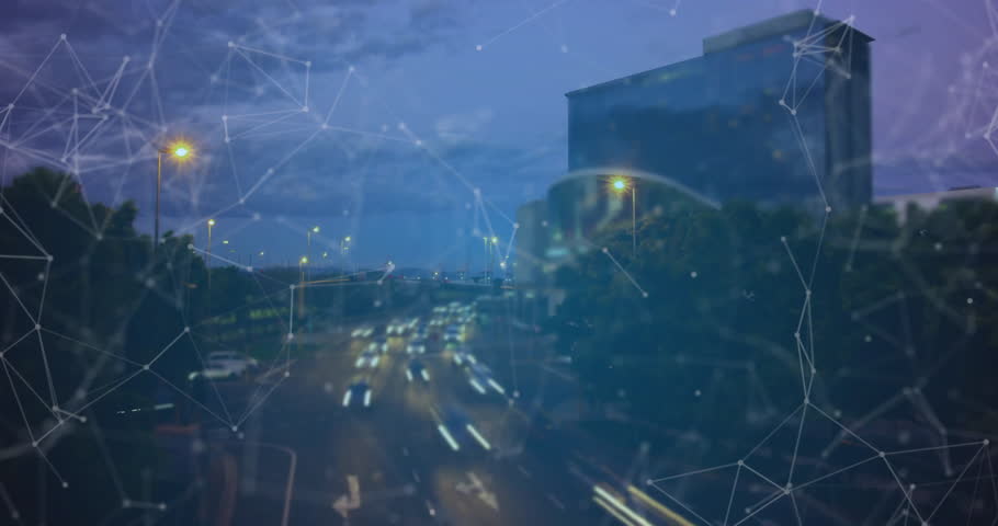 Animation of network of bitcoin symbols over city street at night. Business, finance, cryptocurrency, connection and global communication, digitally generated video. Royalty-Free Stock Footage #3479747359