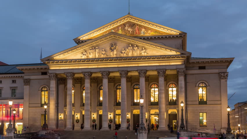 Munich National Theatre or Nationaltheater on Max Joseph square day to night transition timelapse. Historic opera house, home of the Bavarian State Opera. Evening illumination after sunset. Germany Royalty-Free Stock Footage #3479868679