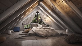 Attic bedroom interior with beautiful view on trees, large pillows, light bulbs on a cord hanging from the ceiling. 3D render. - Powered by Shutterstock - Get 15% off with code: PIKWIZARD15