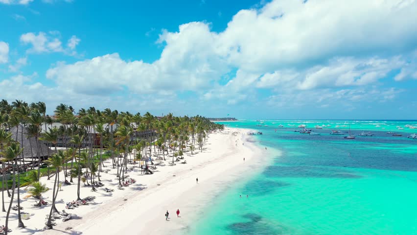 Aerial flight above white sand beach along palm trees and turquoise water of the Caribbean sea. Best all inclusive resort in Punta Cana. Top summer vacations destinations in the world