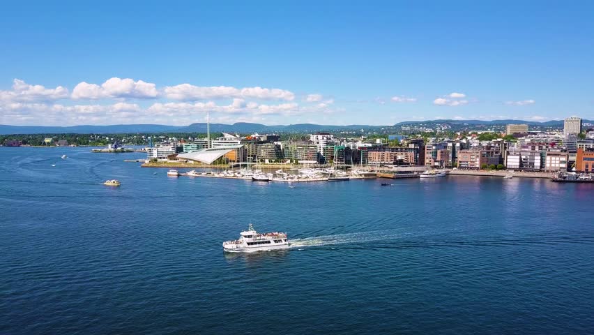 Oslo harbor at the Aker Brygge and Tjuvholmen neighbourhood aerial view in Oslo. Oslo is the capital of Norway.