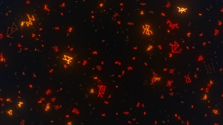 Flying through the abstract runic symbol expanse. Magic, mystical background. Seamless loop