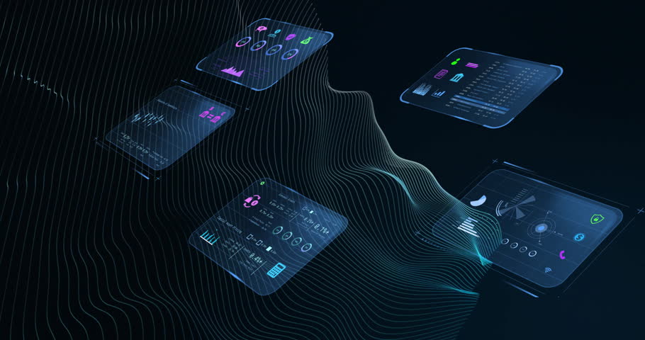 Animation of financial data processing over shapes on black background. Finances, business, computing and digital interface concept digitally generated video.