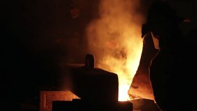 Industrial worker in protective gear molten metal pouring foundry. Steel casting process manufacturing plant, fiery furnace, metallurgy, heat resistant safety equipment. Silhouette labor work. - Powered by Shutterstock - Get 15% off with code: PIKWIZARD15