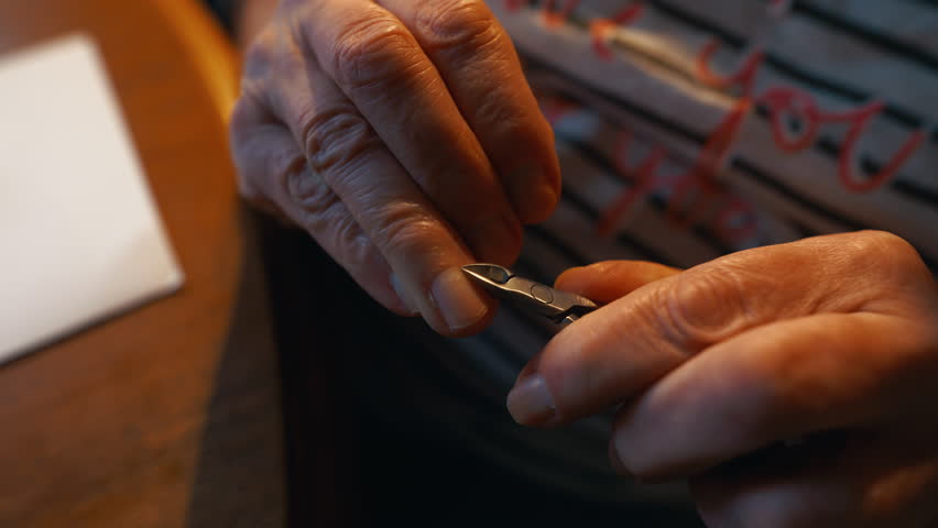 Personal Grooming: Witness the older woman's careful attention to detail as she skillfully clips her nails with a swift gesture, maintaining her hygiene. Royalty-Free Stock Footage #3480060689