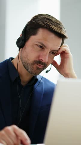 Bored Worried Man With Headset In Videoconference On Computer Royalty-Free Stock Footage #3480063869