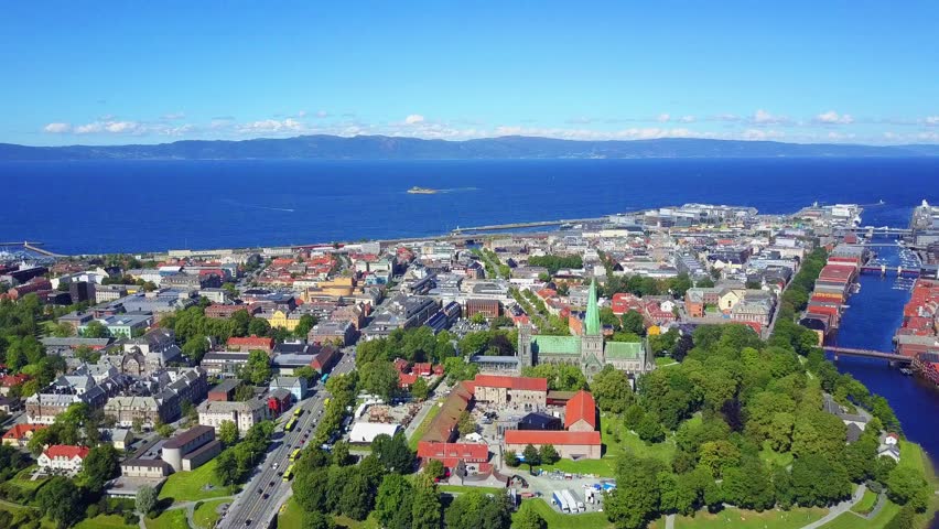 Trondheim city aerial panoramic view. Trondheim is the third most populous municipality in Norway.