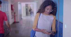 Animation of digital data processing over biracial female student using smartphone in school. Education, connections, computing and data processing concept digitally generated video.