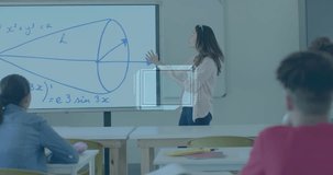 Animation of data processing over diverse students at school. Artificial intelligence, education, connections, computing and data processing concept digitally generated video.