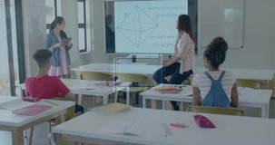 Animation of mathematical data processing over diverse students at school. Artificial intelligence, education, connections, computing and data processing concept digitally generated video.