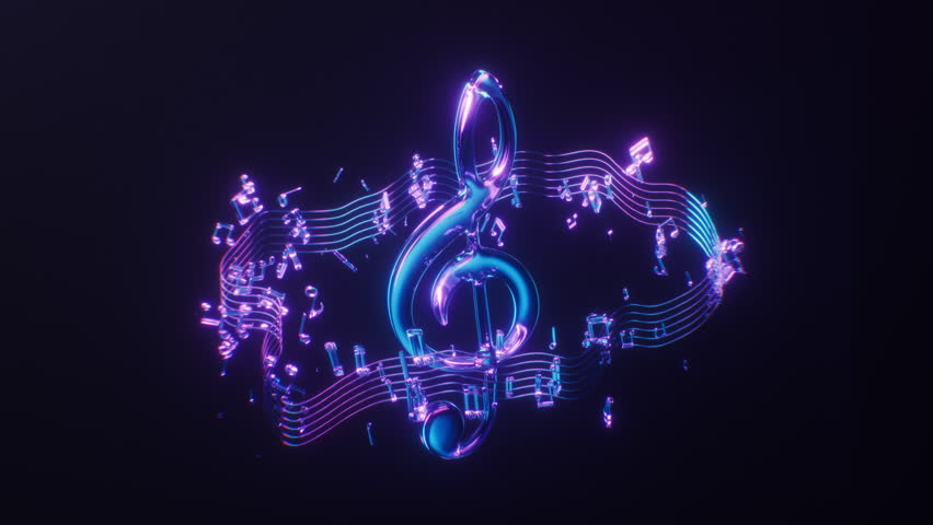 Music notes with dark neon light effect, 3d rendering. Motion graphic.