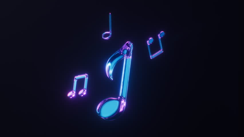 Loop animation of music notes with dark neon light effect, 3d rendering. Motion graphic.