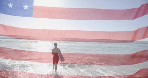Animation of american flag over biracial man with surfboard walking into sunny sea. America, summer, vacations, healthy lifestyle, freedom, celebration and patriotism, digitally generated video.