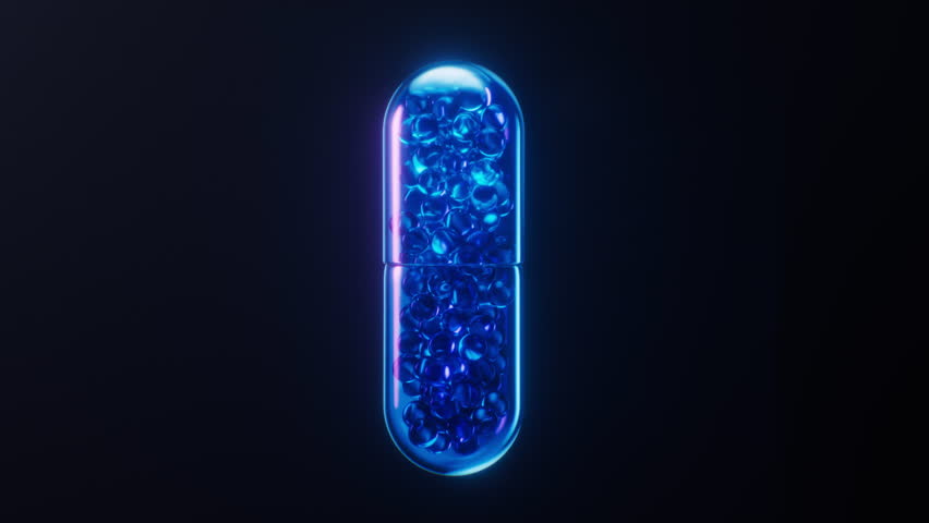 Medical capsule with dark neon light effect, 3d rendering. Motion graphic.