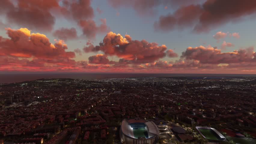 3D - Sunset aerial view of the soccer stadium Camp Nou in Barcelona. Spain