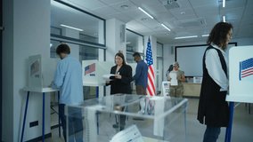 Diverse voters, American people vote for future president in voting booths at polling station. Caucasian woman puts ballot in box. National Election Day in the United States of America. Slow motion. - Powered by Shutterstock - Get 15% off with code: PIKWIZARD15