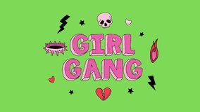 Animated text video of Girl Gang text set collection sticker element on green screen background 