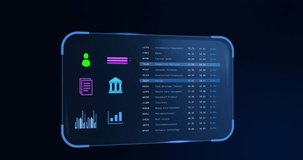 Animation of screen with banking data over black background. Global online banking, shopping, business, connections, computing and data processing concept digitally generated video.