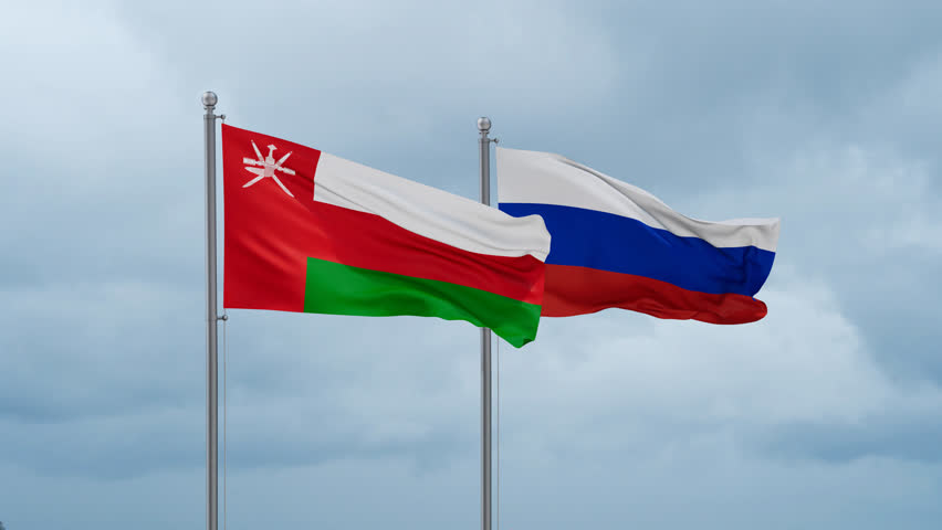 Russian Federation and Oman flag waving together on cloudy sky, endless seamless loop Royalty-Free Stock Footage #3480317315