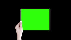 4k Man Using  Tablet with Green Mock-up Screen, Doing Swiping, Scrolling Gestures. Internet Social Networks Browsing News, Financial Reports. Alpha channel