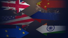 Cg arrows with the flags of the USA, Great Britain, the European Union, Russia, China and India are moving towards each other. The concept of a clash of interests between BRICS and the collective West - Powered by Shutterstock - Get 15% off with code: PIKWIZARD15
